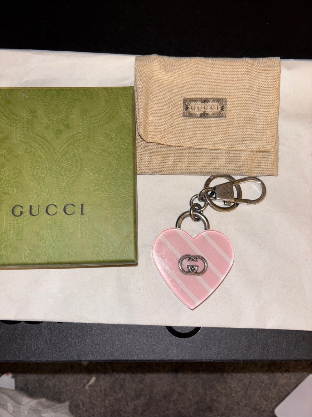 Gucci Pink Striped Heart Keyring with Interlocking GG
